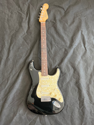 Early Squier stratocaster, Pearloid scratchplate, Black, Used - FF59E