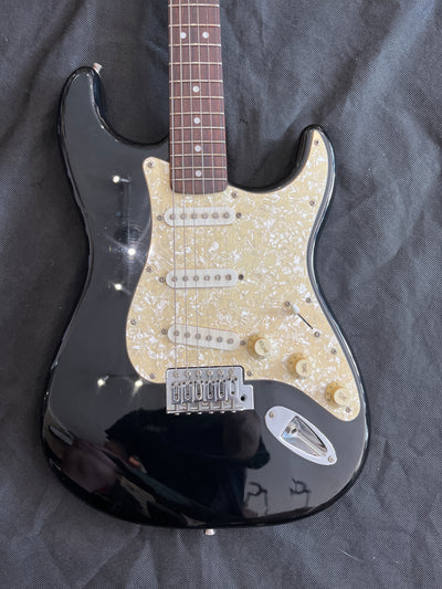 Early Squier stratocaster, Pearloid scratchplate, Black, Used - FF59E