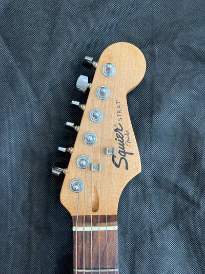 Early Squier stratocaster, Pearloid scratchplate, Black, Used - FF59E