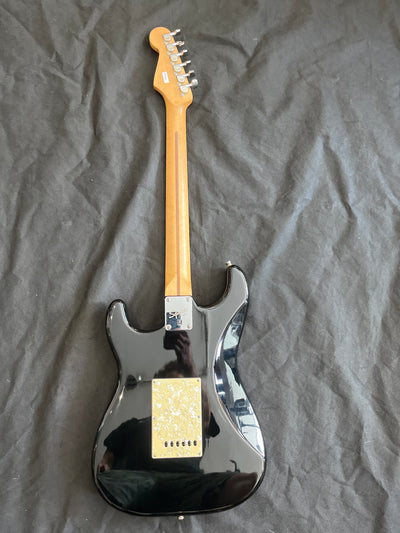 Early Squier stratocaster, Pearloid scratchplate, Black, Used - FF59E