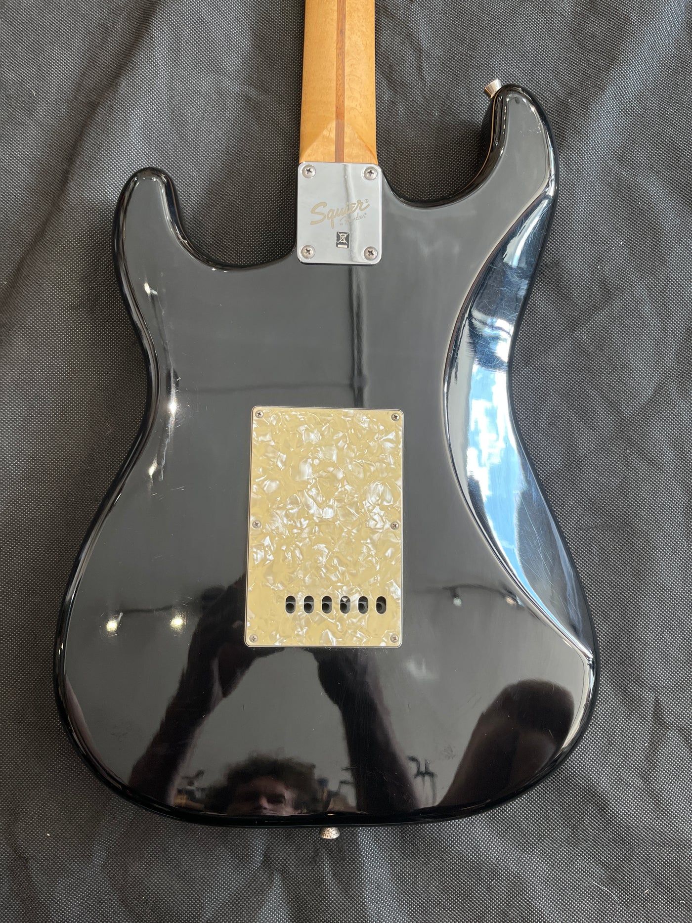 Early Squier stratocaster, Pearloid scratchplate, Black, Used - FF59E