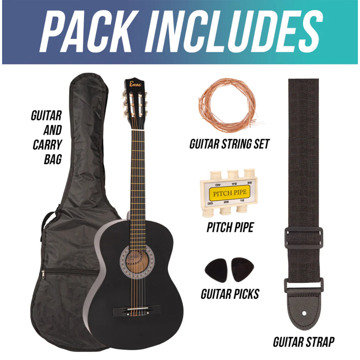 ENC44OFT 4/4 Size Classical Guitar Pack, Black